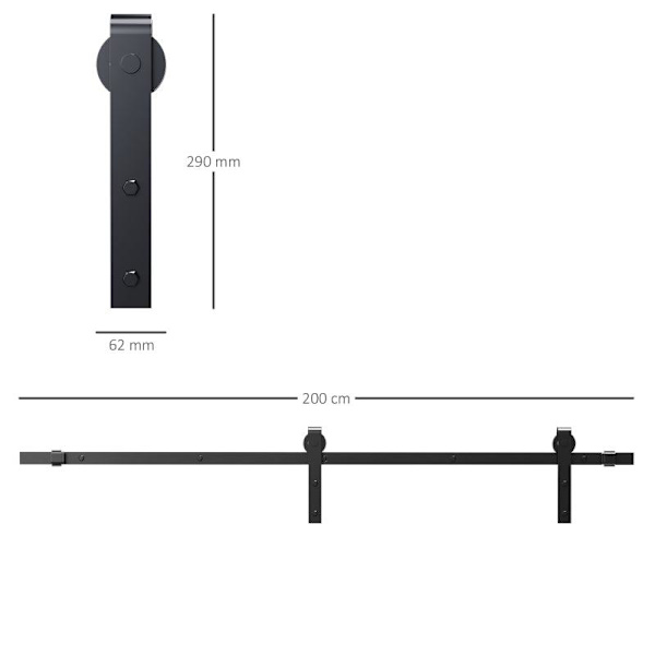 Rootz skjutdörrsbeslagssats - Utrymmesbesparande - Tyst - Universal - Svart - 200 cm x 40 cm x 0,6 cm
