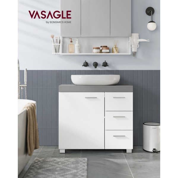 Rootz Hvid-Cement Grå Vask Underskab - Badeværelsesvask - Opbevaringsenhed - MDF-konstruktion - Rummeligt design - Nem montering - 30cm x 70cm x 64cm