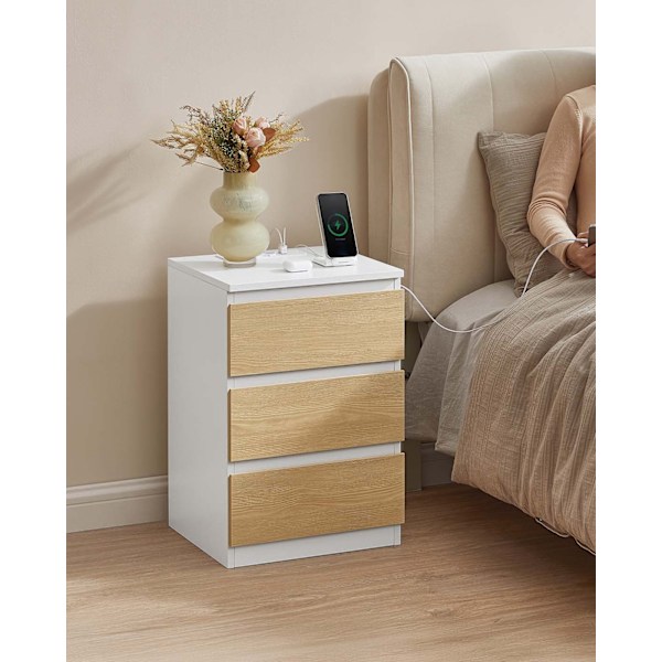 Rootz -sängyn pöytä 2 Laatikon asetettu - Yöpöytä - Bedside -kaappi - Latausasema - 35 cm x 40 cm x 59cm - valkoinen ja ruskea