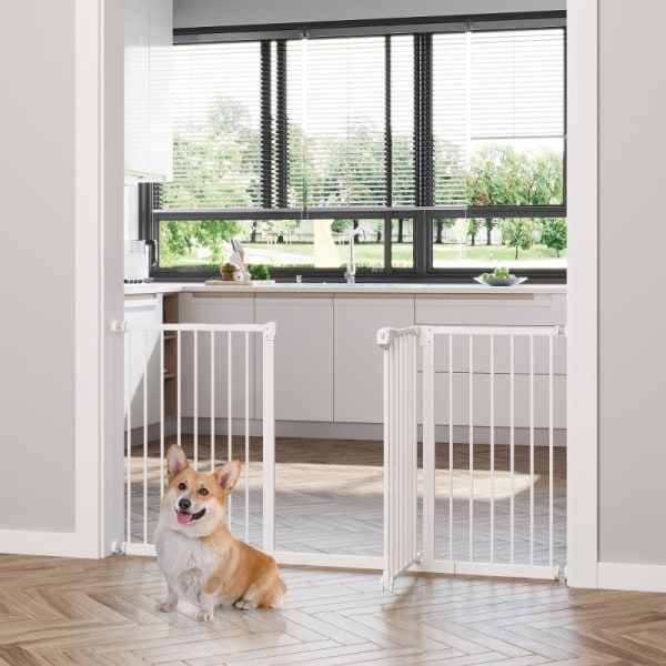 Rootz PawHut udvidelig hundebarriere - Pet Gate - Sikkerhedslåge - Robust metal - Nem åbning - Innovativt design - 136,3 cm x 76,2 cm - Hvid