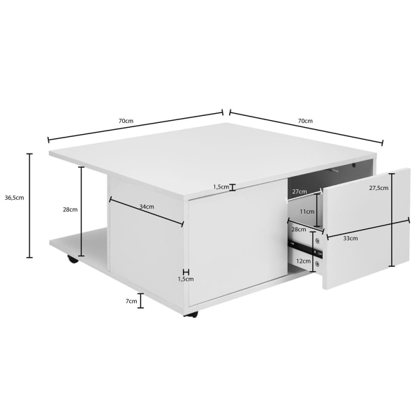 Rootz design sofabord 70x70 cm hvid - Stuebord med 2 skuffer - Sofabord med hjul - Bord med 2 rum