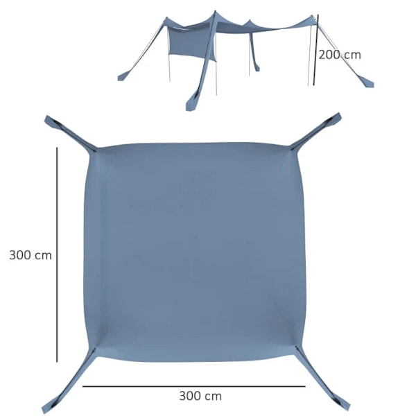 Rootz Solsejl - Vandtæt - Justerbar Letvægts - Foldbar Markise - Stålstøtter - Bæretaske - Sidepanel - Polyester - Blå - 300L x 300W x 200H cm