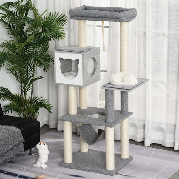 Rootz Scratching Cat Tree Climbing - Grå, Hvid - Spånplade, Sisal, Plys - 23,22 cm x 148,89 cm x 61,02 cm