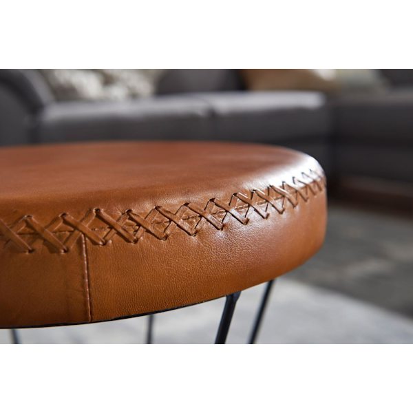 Rootz pall äkta läder - metall 35 x 48 x 35 cm designpall rund - Dekorativ pall med läderöverdrag Modern läderpall klädd i brunt