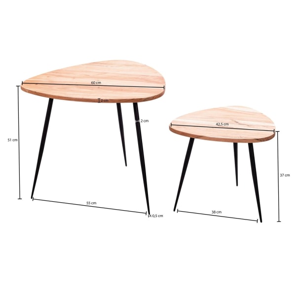Rootz set med 2 häckbord akacia massivt trä - metall soffbord litet - Design sidobord set med två träbord Vardagsrumsbord bord metallram