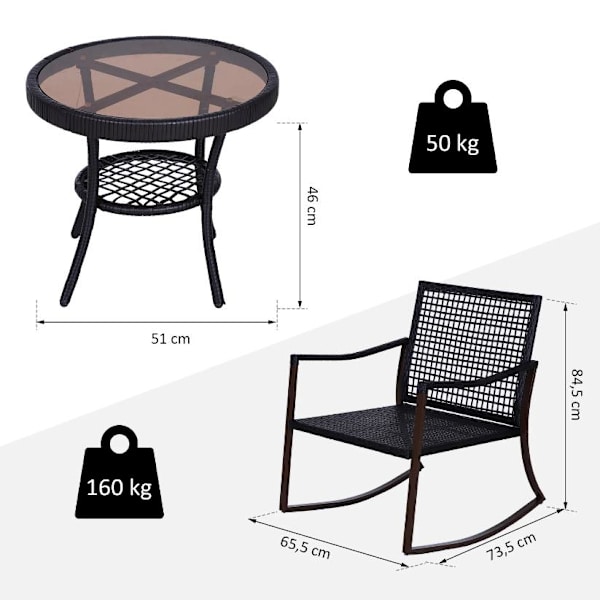 Rootz Garden Set - Keinutuolit - Puutarhapöytä - 2 tuolia - 1 Pöytä - Tyynyt - Karkaistu lasi - Teräs - Polyesteri - Ruskea - Kermanvärinen