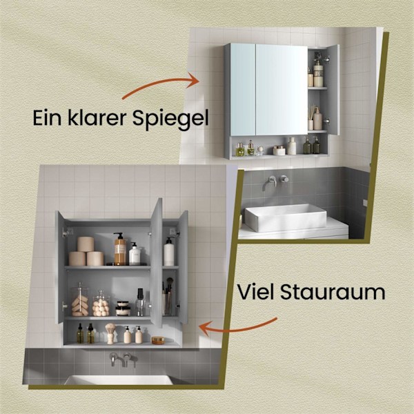 Rootz badeværelse skab med 3 døre - Mirror Cabinet - Badeværelsesopbevaring - Rumbesparende design - 16,5 cm x 70 cm x 75 cm