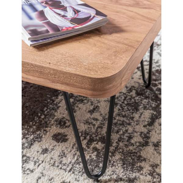 Rootz sofabord massivt træ akacie 115 cm bredt stuebord design metalben sidebord i landlig stil