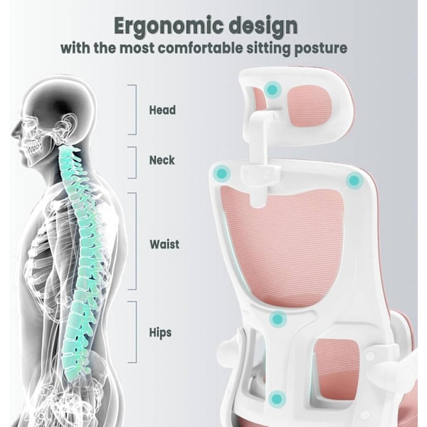 Rootz Ergonomic Office Chair - Mesh drejestol - Computerstol - Lændestøtte - Justerbar nakkestøtte - 62cm x 116-123,5cm x 69,5cm