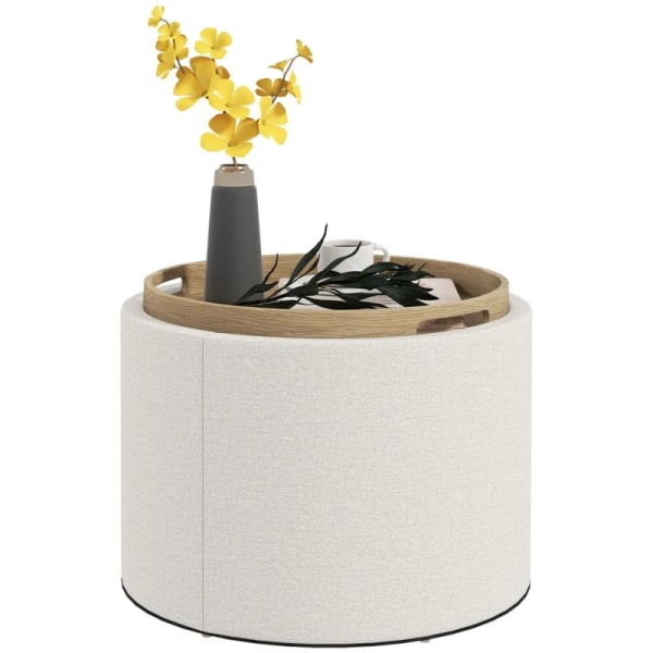 Rootz-jakkara - Pehmustettu jakkara - Pellava - Piilotettu säilytystila - Käännettävä kansi - Kermanvärinen + Natural - 5,6cm x 56cm x 42cm