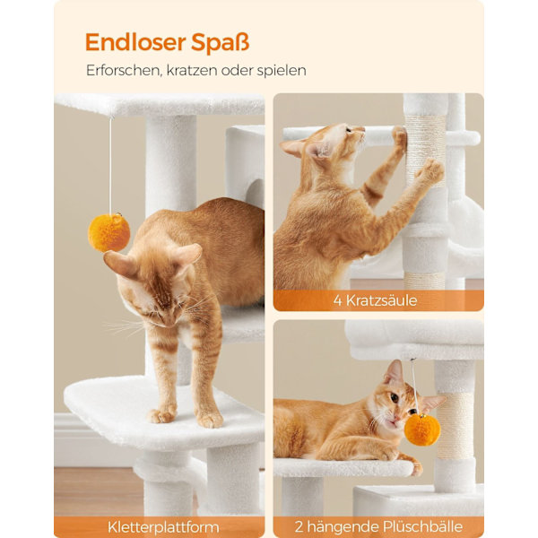 Rootz Cat Tree Skrapstolpe - Gräddvit - Cat Condo - Chipboard Plysch Sisal - 45cm x 35cm x 112cm - Heavy Duty - Idealisk för 4 katter