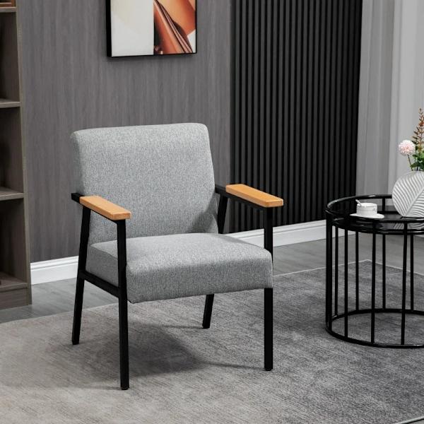 Rootz Accent Stol i Scandi Design - Hvilestol - Accent Stol - Linnedlook - Gummitræ - Grå + Sort + Brun - 64,5L x 70W x 83,5H cm