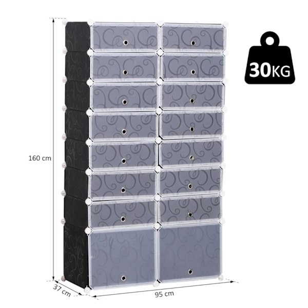 Rootz Kenkäkaappi - Kenkäteline - Järjestäjä - Vaatekaappi - Osastokaappi - 16 kuutiota - PP - Musta - Valkoinen - 95 x 3 7 x 160 cm