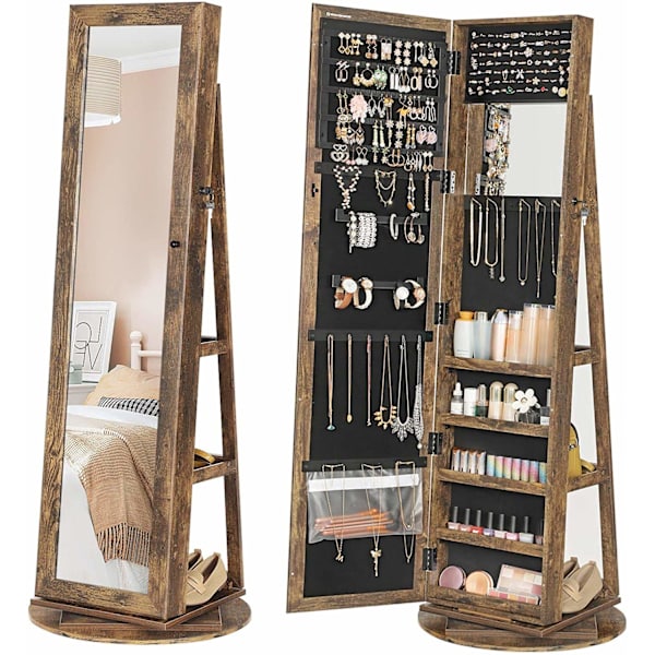 Rootz Colpitts Smyckesspegel - 360 Vridbar - Låsbar - Hyllor - Multifunktionell - Vintage - Brun - 54 x 54 x 161 cm