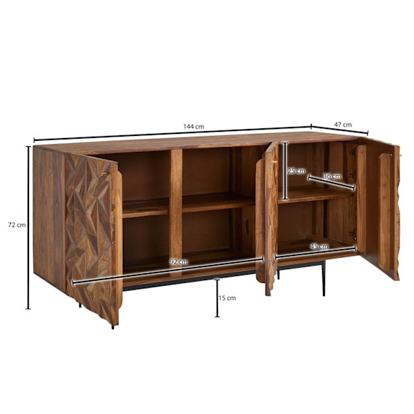 Rootz skænk 144x72x47 cm massivt sheesham træ - metal skænk - kommode med tre låger - Kommode skab træ moderne - Stå skab stue