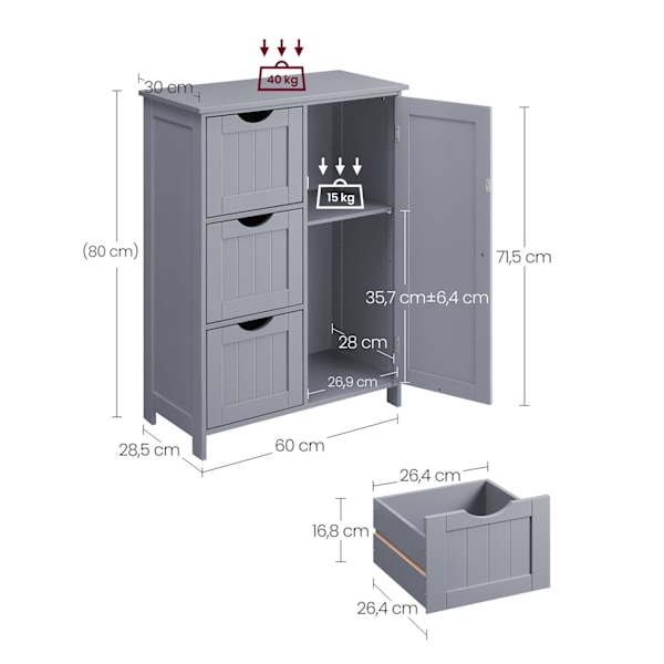 Rootz MDF Badrumsskåp - Dove Grey - Förvaringsorganisator - Justerbar hylla - 30cm x 60cm x 81cm. Vikt: 14,2 kg. Max belastning: 40 kg översta hyllan,
