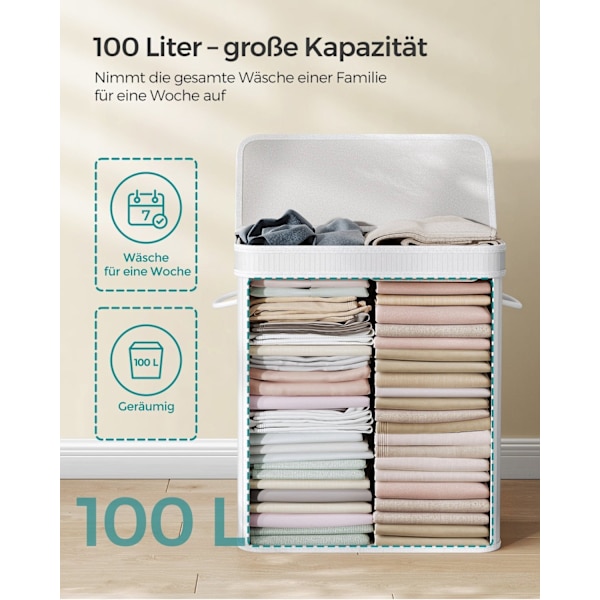 Rootz White Bamboo Tvättkorg - Korg - Klädförvaring - Miljövänlig - Lätt - Hållbar - 54,5 cm x 34,5 cm x 61 cm