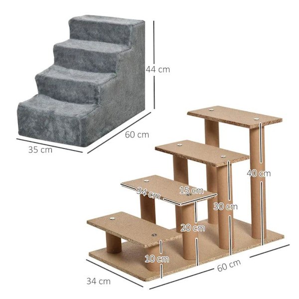 Rootz Pet Stairs - Hundramp - Katttrappa - Hundtrappa - Djurtrappa - Avtagbart överdrag - Grå - 60 x 35 x 44 cm