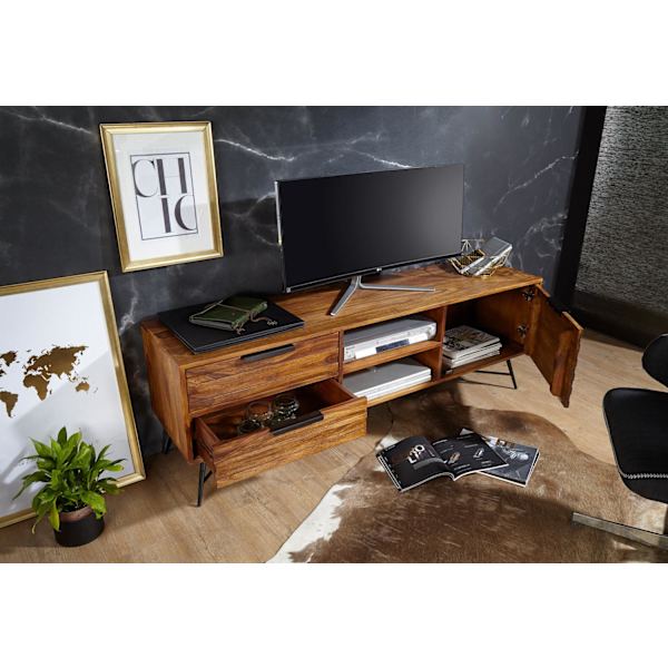 Rootz Lowboard 160x54x40 cm Sheesham Solid Wood - Designhifi-lauta säilytystilalla ja laatikoilla - Massiivipuinen TV-kaappi olohuoneessa - Teollinen