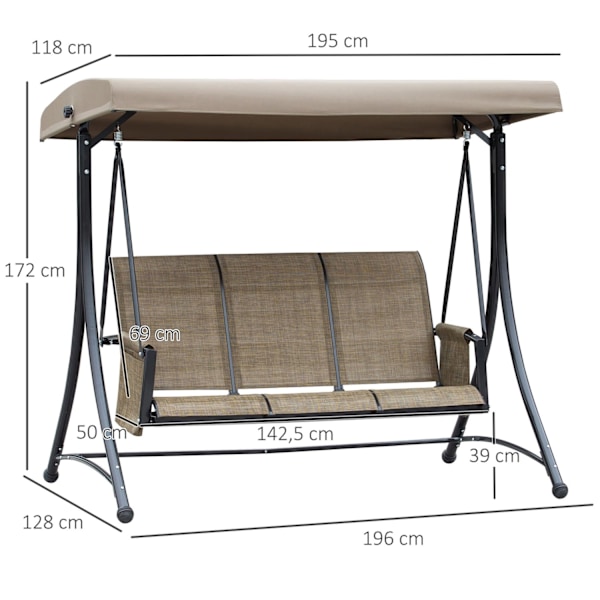 Rootz 3 -sits Swing Bench - Garden Swing - Patio Swing - Soltaket skydd - 196 cm x 128 cm x 172 cm