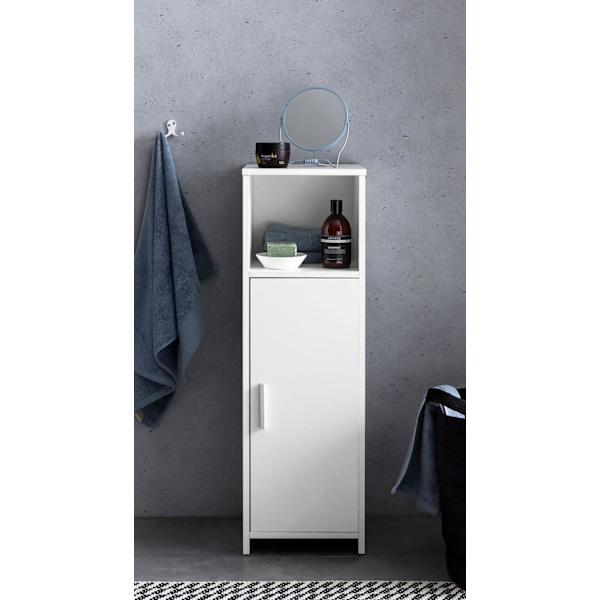Rootz skab 30 x 95,5 x 30 cm hvidt træ med dør og opbevaringsrum Lille badeværelsesskab sideskab stående - Badeværelseshylde smal fritstående badevære