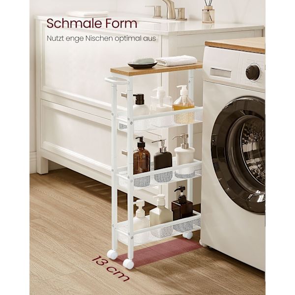 Rootz Oak White Trolleyvogn - Opbevaringsvogn - Rullevogn - Spånplade og stål - Letvægts - Nem montering - Pladsbesparende - 13 cm x 45,4 cm x 77 cm