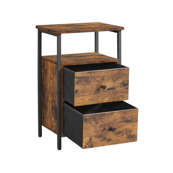 Rootz Sidebord - Sengebord - 2 skuffer Sengebord - Spånplade/Stål/Pap/Ikke-vævet stof - Vintage Brun-Sort - 38 x 28 x 60 cm