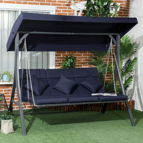 Rootz Porch Gynge til 3 personer - Hollywood Gynge - Sædehynder - Justerbar solsejl - Op til 270 kg - Mørkeblå - 198 x 118 x 168 cm