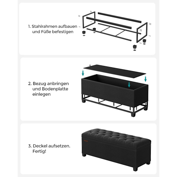 Rootz Ottoman Storage Pall - Förvaringsbänk - Stoppad bänk - MDF-konstruktion - 40cm x 110cm x 40cm - Ink Black