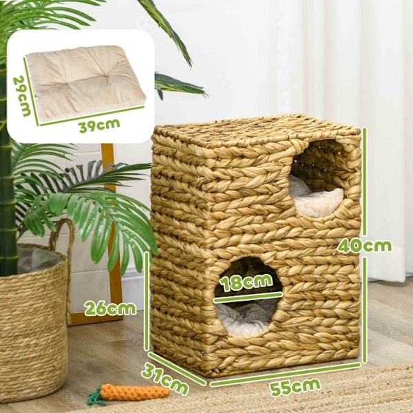 Rootz Cat Tower - Skrapstolpe - Trevånings kattlägenhet - Tvättbara kuddar - Naturligt vattenhyacint - 40 cm x 31 cm x 55 cm