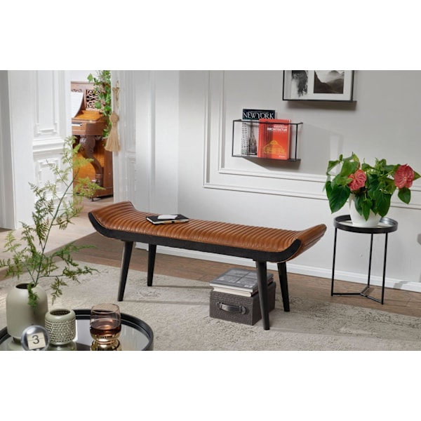 Rootz bænk ægte læder - massiv træ bænk brun 125x51x38 cm moderne - Design polstret bænk gang Læder bænk sengebænk 2 personer - Hall bænk moderne