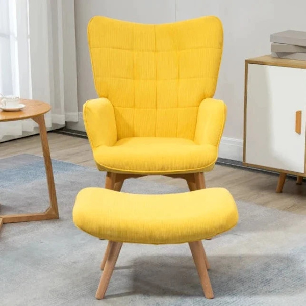 Rootz Accent Chair - Scandi Design - Med osmannisk - Lænestolesæt - Home Decor Stol - Bøgetræ - Cord Look - Gul - 72L x 80W x 99H cm
