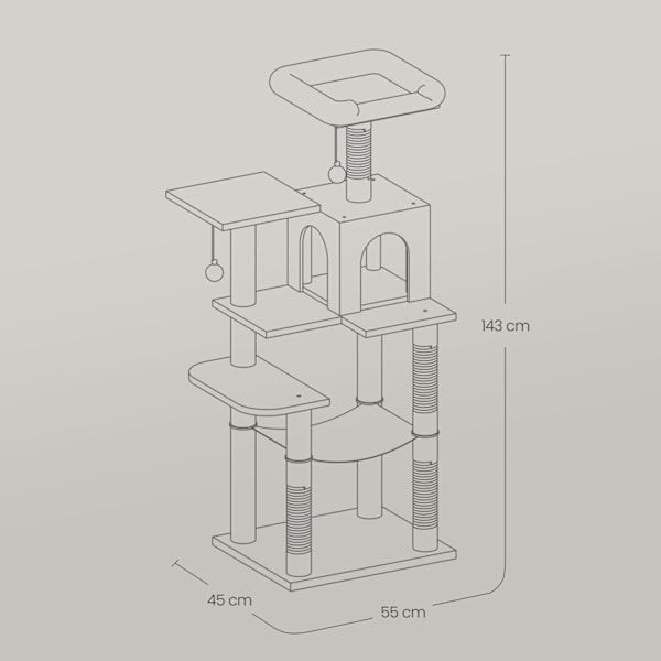 Rootz Cat Scratching Post - Cat Tree - 143 cm High Scratch Tower - Mjukt plyschskydd - 55 x 45 x 143 cm