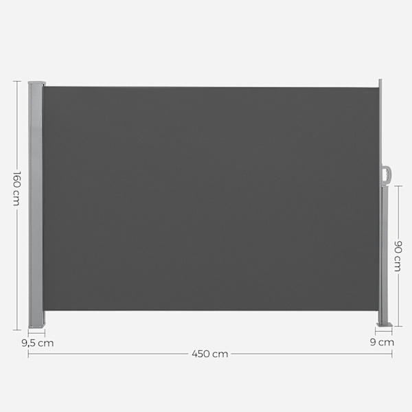 Rootz Udtrækkelig sidemarkise 160 x 450 cm - Balkonskærm - Udtrækkelig baldakin - Stålstang - Vejrbestandig polyester - 160 cm x 450 cm