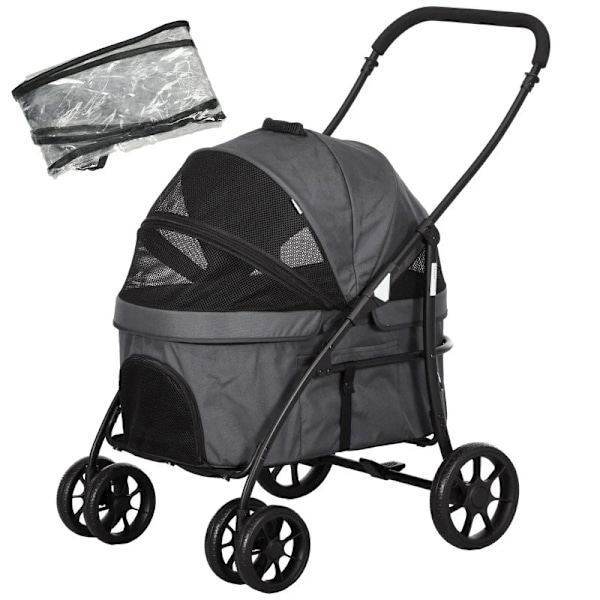 Rootz Dog Buggy - 2 säkerhetskoppel - Hundvagn - Vikbar - Avtagbar korg - Regnskydd - Oxfordduk - Stål - Mörkgrå - 81L x 68W x 98,5H cm