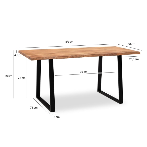 Rootz Matbord i massivt akaciaträ - Köksbord - Rektangulärt bord - Naturligt trä ådring - Unik trädkantsdesign - Robusta metallben - 160 cm x 80 cm x