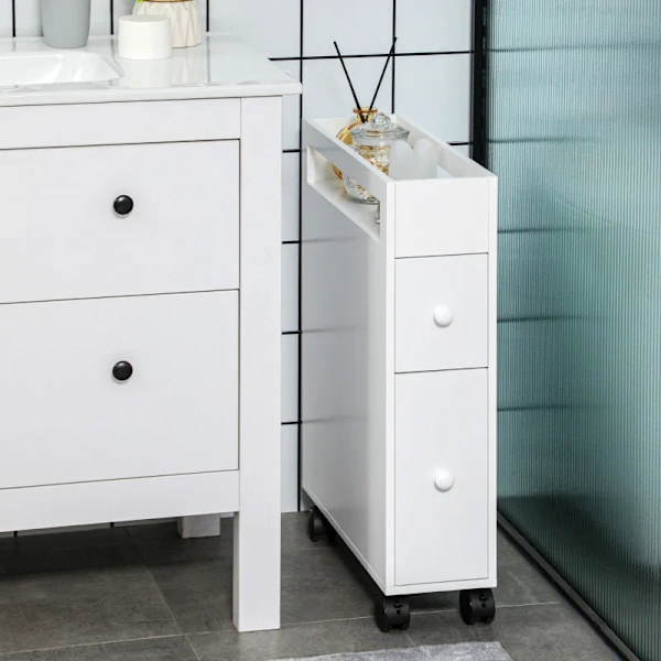 Rootz Badrumsskåp - Smal design - Rullskåp - Två lådor - Fyra hjul - MDF-ram - Vit - 16L x 49,5W x 66H cm