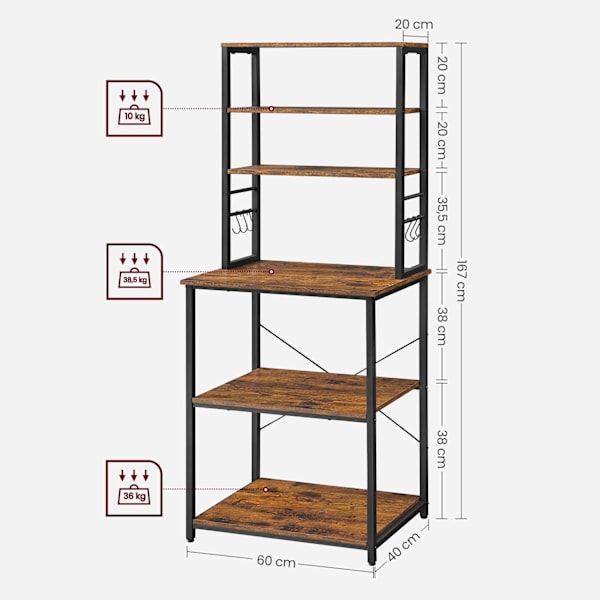 Rootz Vintage ruskea-musta keittiön hylly - lastulevy teräs - 3-kerroksinen mikroaaltouunihylly - S-muotoiset koukut - kaatumisenestolaite - 40 cm x 6