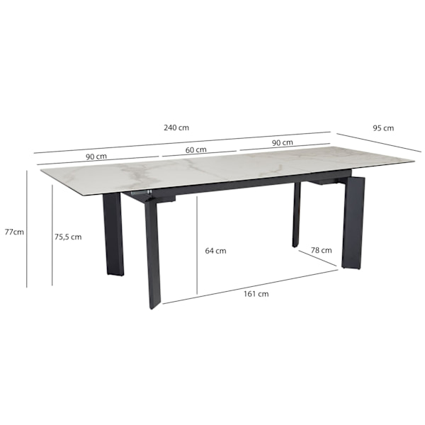 Rootz Modern Stort spisebord - Rektangulært marmorlook - Udtrækkeligt bord - Plads til 10 - 180-240 cm x 95 cm x 77 cm