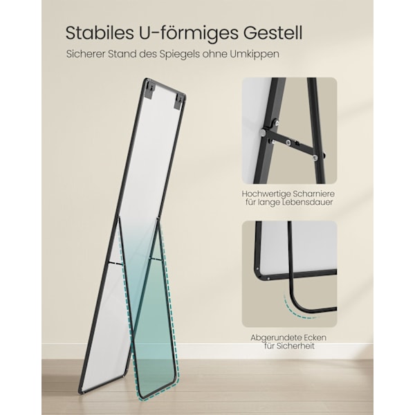 Rootz Helkroppsspegel - Golvlängdsspegel - Stående spegel - Härdat glas - Aluminiumlegering - Stor 160 cm x 50 cm - Bläcksvart - Lätt 6,8 kg