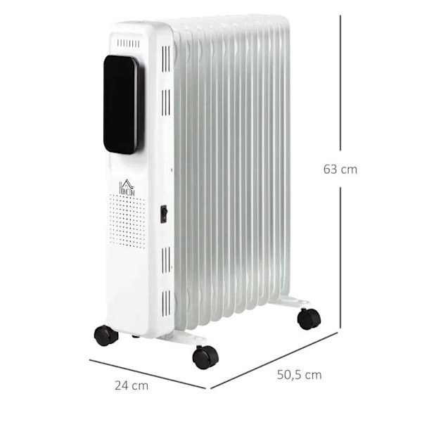 Rootz Oil Radiator - Bärbar elektrisk radiator - 3 värmenivåer - 24-timmars timing Elvärme - 11 värmeplattor med 4 rullar - Vit - 50,5 x 24 x 63 cm