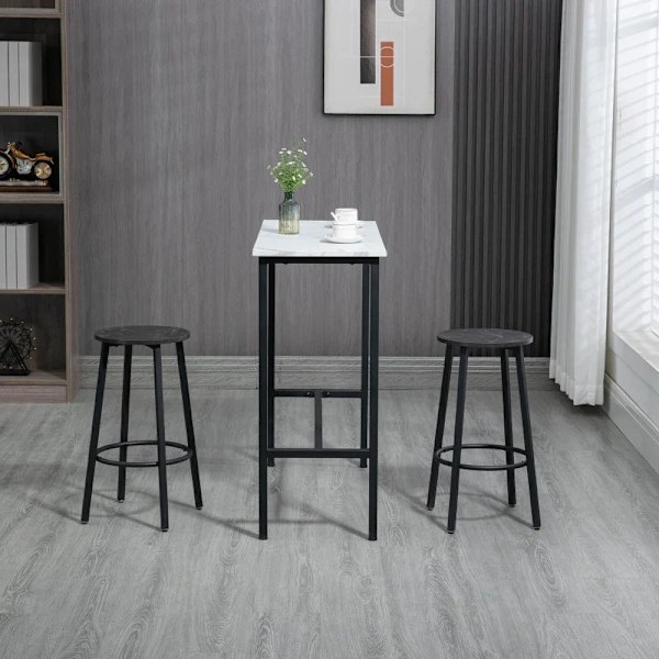 Rootz Bar Set för 2 personer - 1 bord med 2 barstolar - Bordsskiva i vit marmorlook - Stålstomme - Vit + Svart - 100cm x 40cm x 90H cm