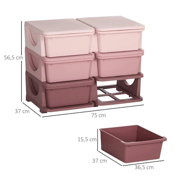 Rootz Kids Förvaringslåda - Barnrum - Rund poleringskant - 6 stora lådor - Vardagsrum - Leksaker+kläder - Rosa - 275L x 37W x 56,5H cm