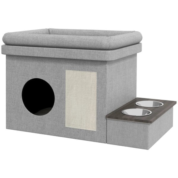 Rootz Cat House - Foderplads - 2 skåle i rustfrit stål - Ridsemåtte - Blød liggestolspude - Grå - 78 x 48 x 49,5 cm