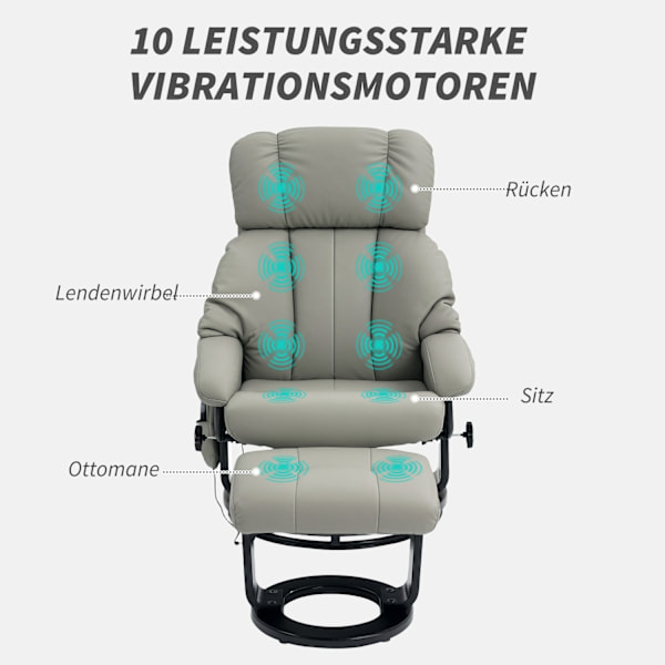 Rootz Relax Massage Armchair - TV RECLINER - Let stol - 10 vibrationstilstande - 76 cm x 80 cm x 102 cm - Grå syntetisk læder