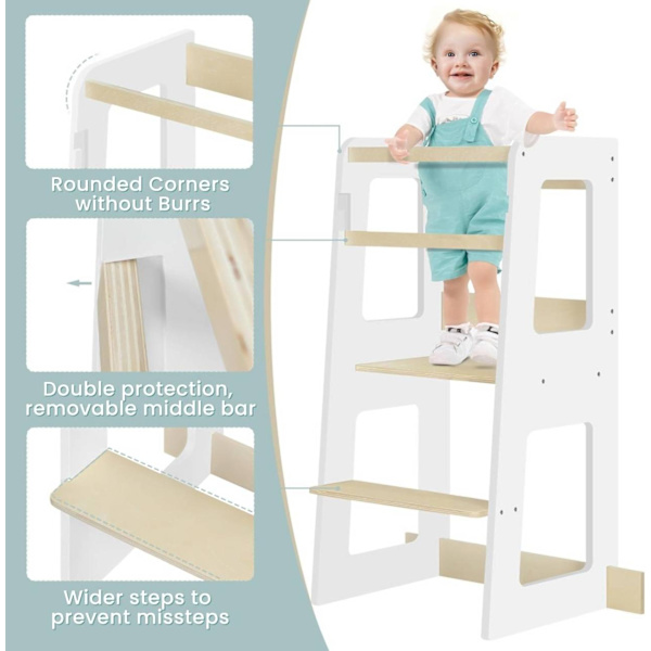 Rootz Kids Learning Tower turvatangoilla - Montessori Kitchen Helper - Valkoinen puu - Taaperoiden jakkara - 59cm x 90cm x 41cm