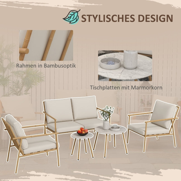 Rootz 5-delt havemøbelsæt - Udendørs siddepladser - Terrassesæt - Kompromisløs stabilitet - Naturlig æstetik - Elegant marmorlook - To-personers sofa: