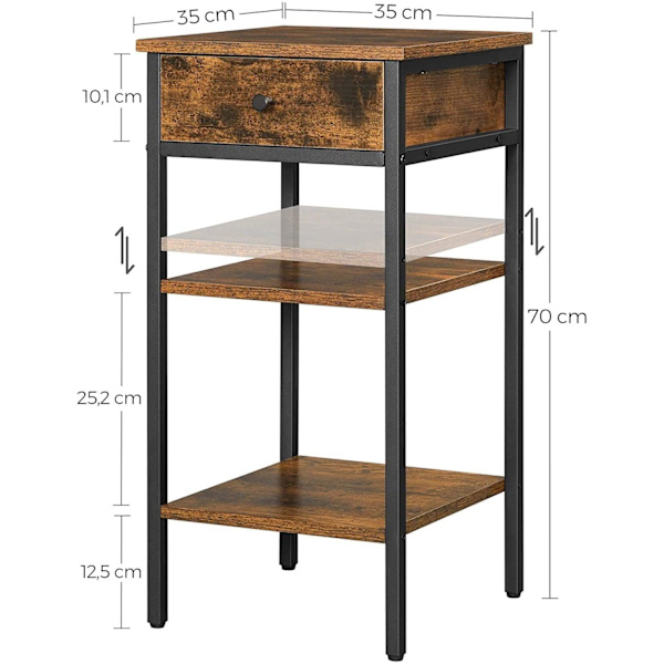 Rootz Sengebord - Sidebord - Skuffe - 2 hylder - 35 x 35 x 70 cm - Forarbejdet træ - Metal - Industriel - Brun - Sort