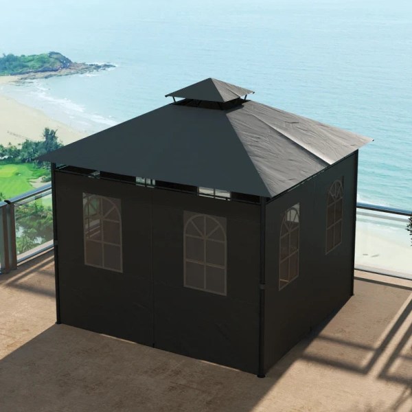 Rootz Garden Gazebo - Paviljong Partytält - Tvåvåningstak - Luftcirkulation - Metall-polyester - Svart+mörkgrå - 2,95L x 2,95W x 2,85H m