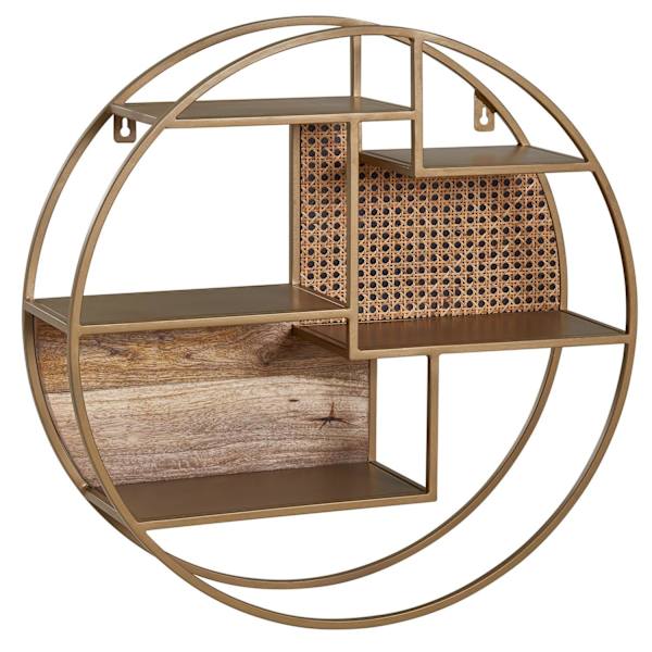 Rootz væghylde rattan 62x62x17 cm hængehylde massivt træ - metal industri - Ophængt hylde rund væg - Hylde Hængende Åben Stue
